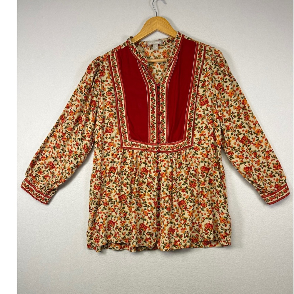 Boho Cottagecore Woman Within Womens M 14/16 Red Floral Rayon Peasant Tunic Top
